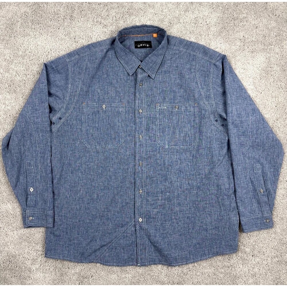 Orvis Mens 2Xl Button Down Shirt Long Sleeve Fishing Vented blue Pockets